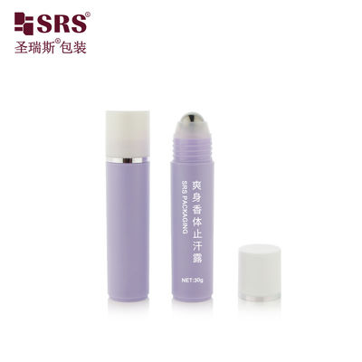 Buy RPP-30ml Injection Purple Glossy Matte Finished White Cap With Stamping Silver Ring Steel Ball Massage Hair Serum Roller Bottle online manufacture