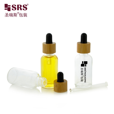 1 OZ Empty Clear Transparent Glass Essential Oil Luxury Bamboo Shoulder Dropper Bottle 30ml