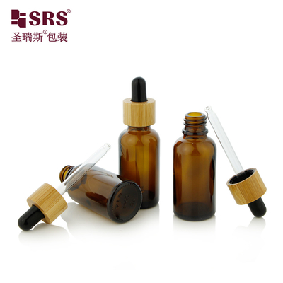 1 oz Empty Amber Cosmetic Essential Oil Bamboo Shoulder 30ml  Glass Dropper Bottle