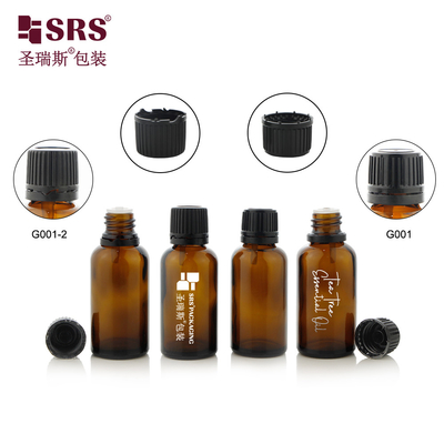 G001-2 Amber Round Mold Glass Bottle With Tamper Evident Screw Cap Plastic Plug For Essential Oil Container Packaging