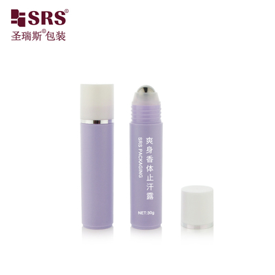RPP-30ml Injection Purple Glossy Matte Finished White Cap With Stamping Silver Ring Steel Ball Massage Hair Serum Roller Bottle