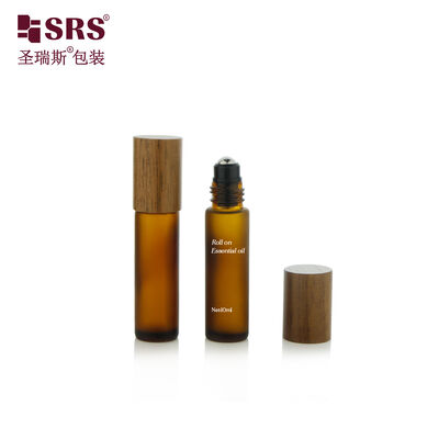 BLPM-10ML Amber Frosted Glass Roller Steel Ball Essential Oil Bottle With Wooden Cap